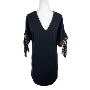 Skies Are Blue Dress Women Small Black Animal Print Sleeve Trim A-Line V-Neck